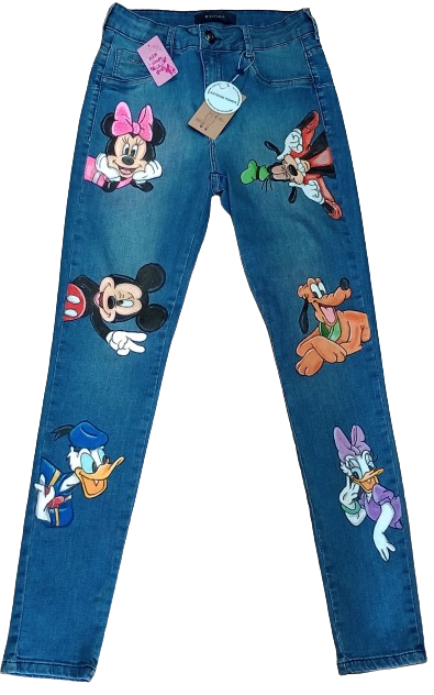 Calça Jeans Pintada á mão desenhos Disney mickey e sua turma