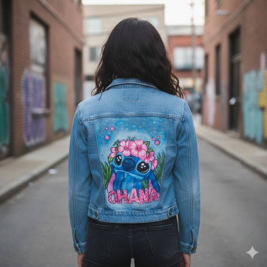 Jaqueta adulta jeans pintada a mão com desenhos do stitch