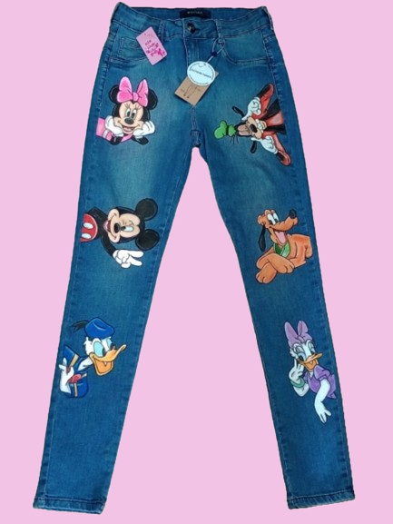 Calça Jeans Pintada á mão desenhos Disney mickey e sua turma