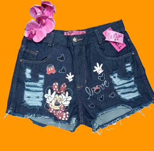 Shorts jeans adulto pintado á mão minnie
