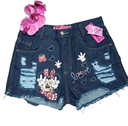 Shorts jeans adulto pintado á mão minnie