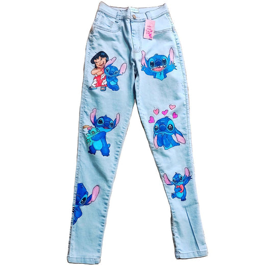 Calça jeans pintada a mao stitch