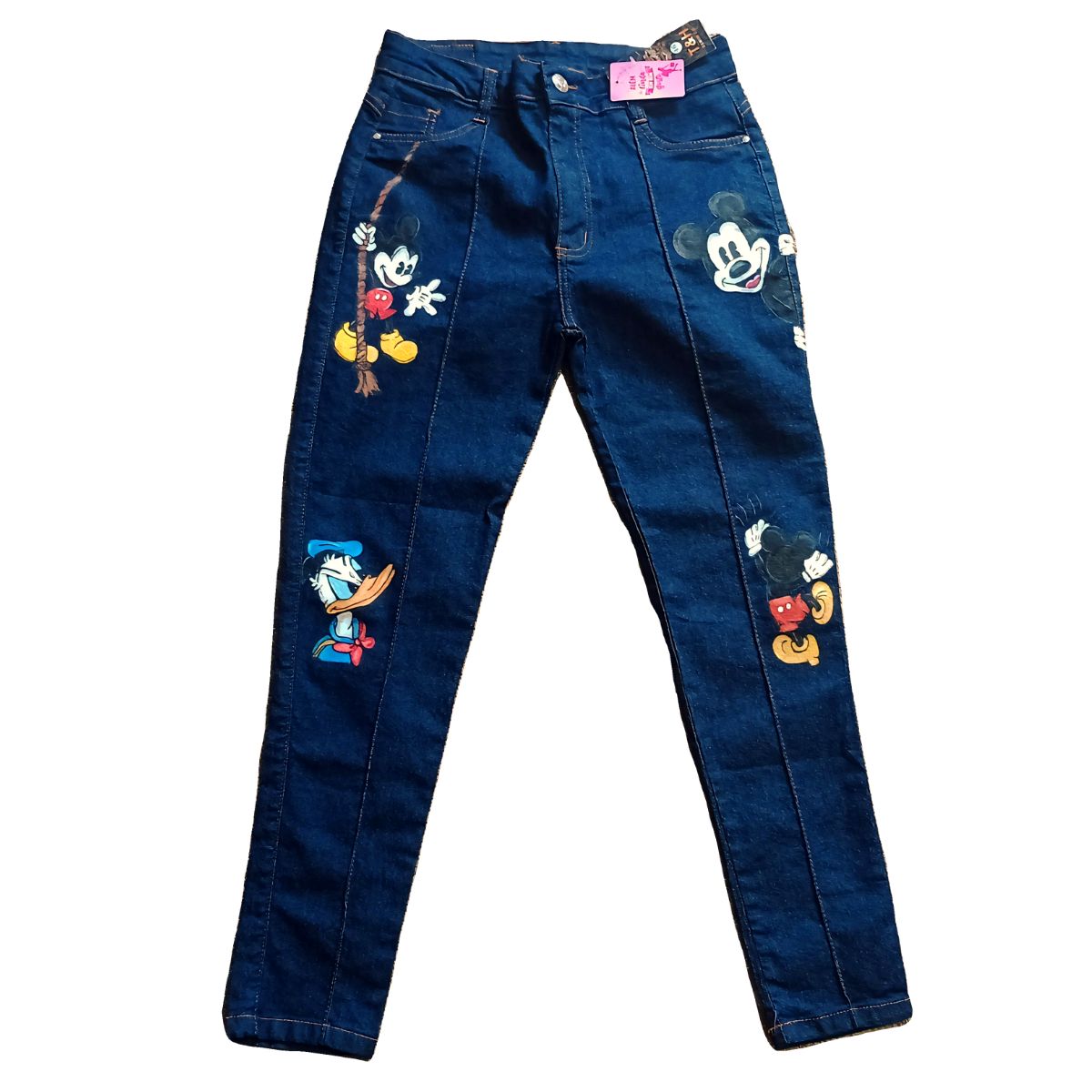 calça jeans pintada a mao mickey e pato donald 