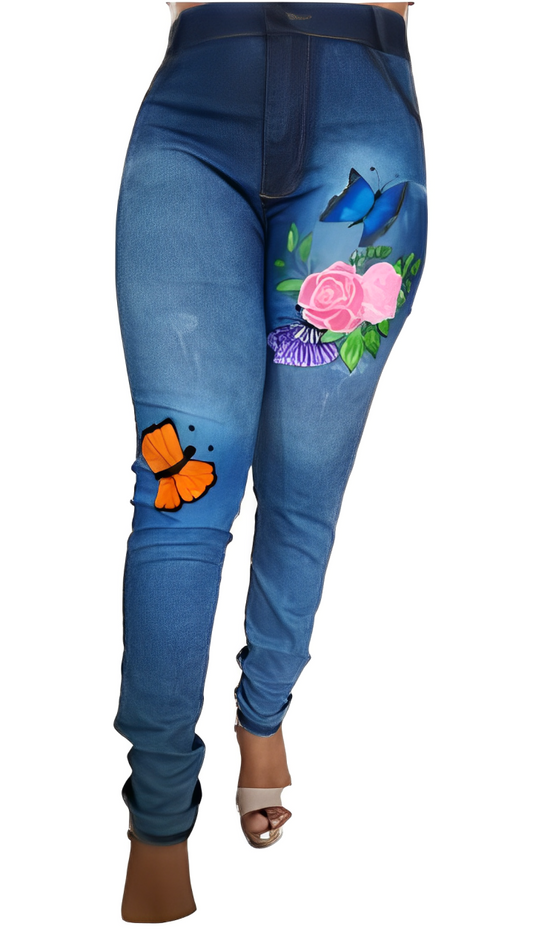 calça pintada a mão borboleta e rosas