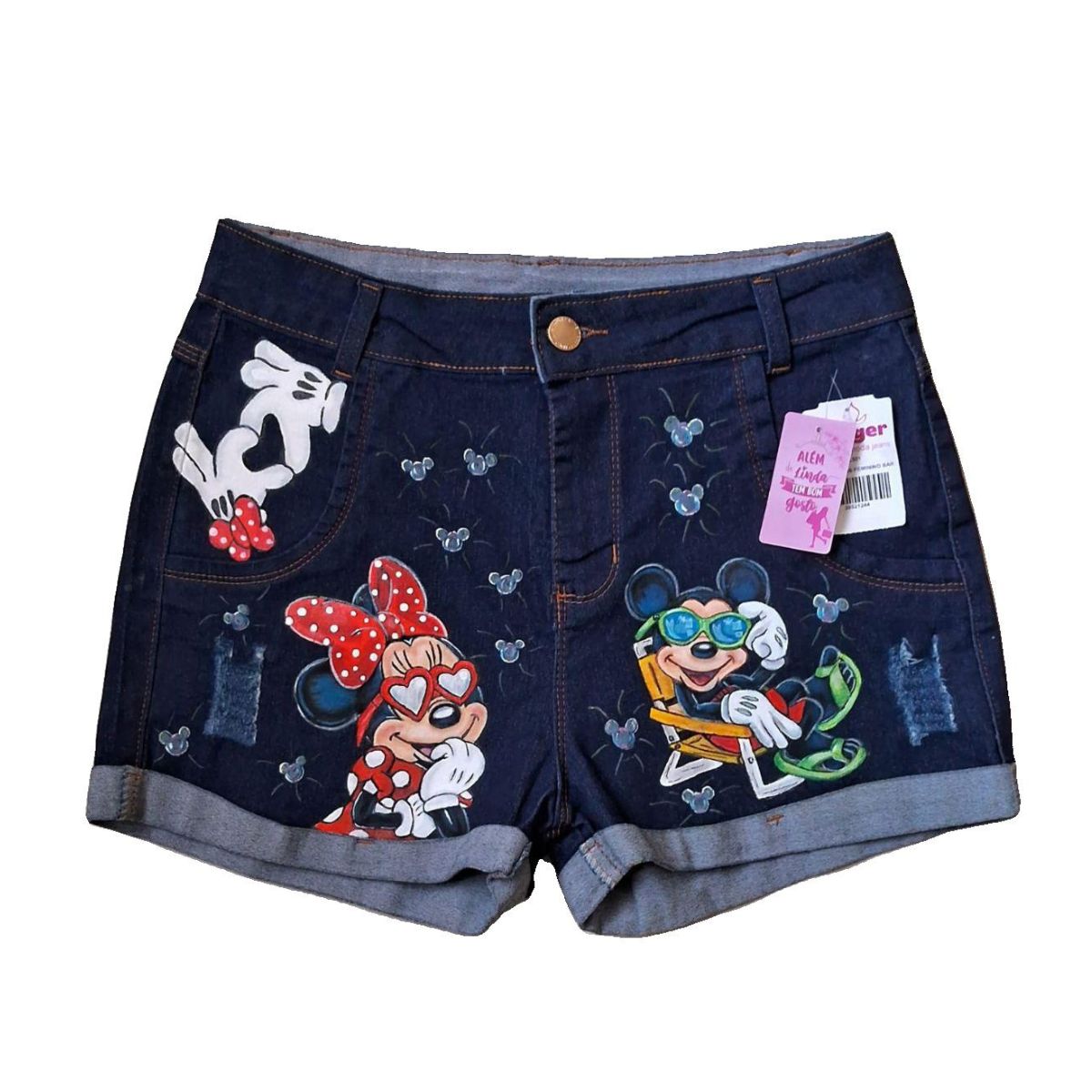 shorts jeans c/lycra escuro minnie e mickey com óculos