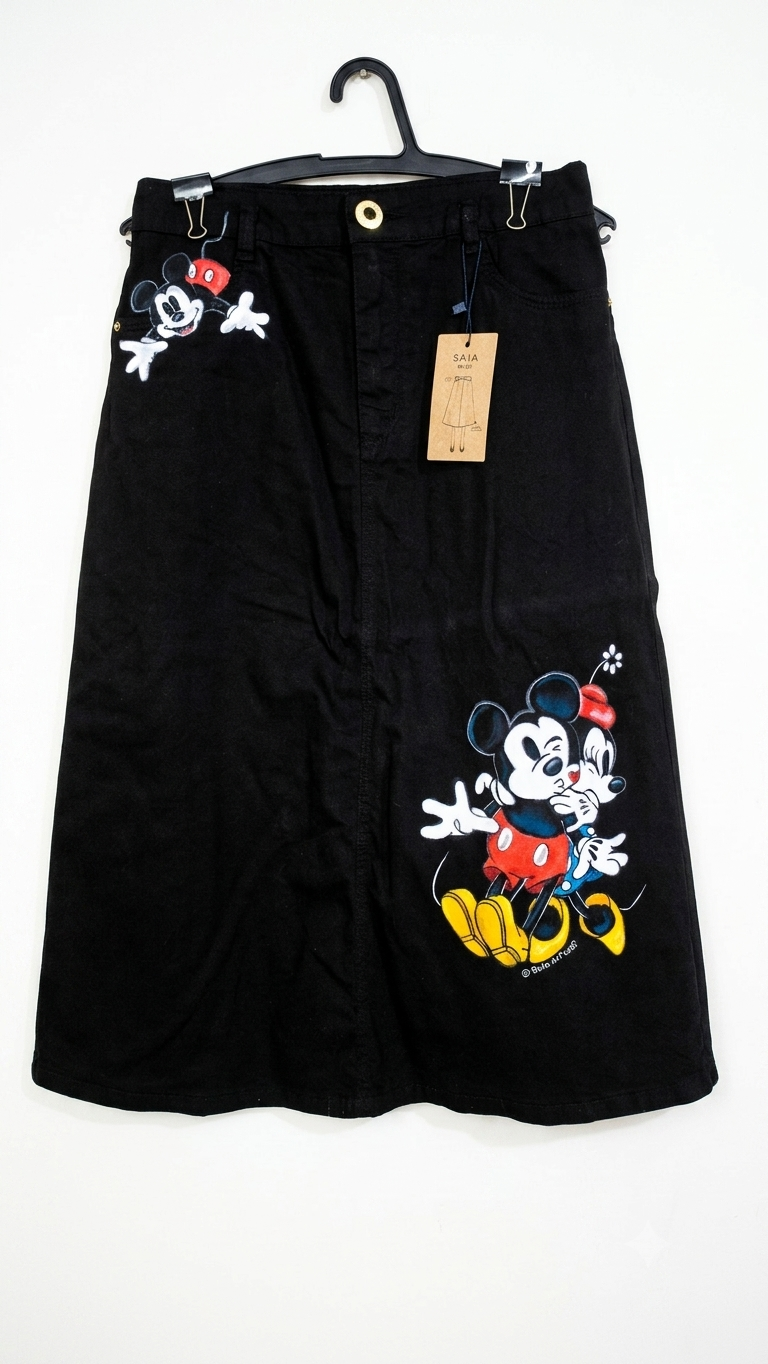 Saia jeans Midi preta mickey e Minnie pintada a mão 🖌️