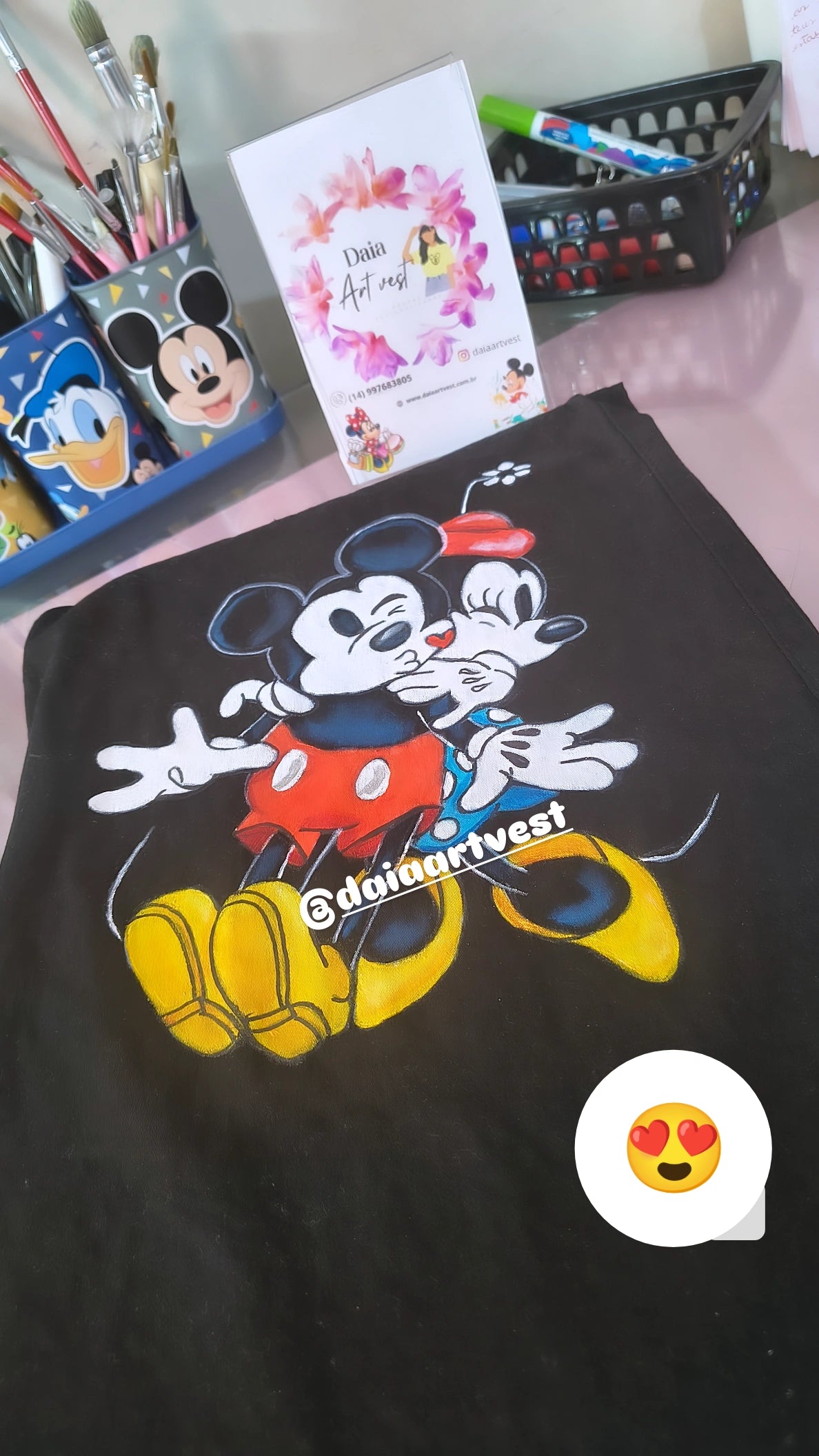 Saia jeans Midi preta mickey e Minnie pintada a mão 🖌️
