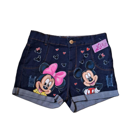 shorts jeans c/lycra escuro minnie e mickey adulto